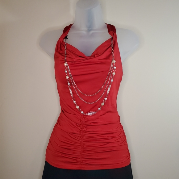 Luv Me More Red Drop Neck Scrunch Halter Top Sleeveless S - Picture 2 of 7